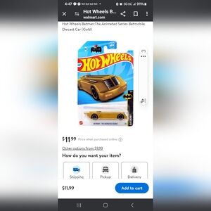 Hot Wheels Batman: The Animated Series Batman Diecast Gold Car Ages 3+